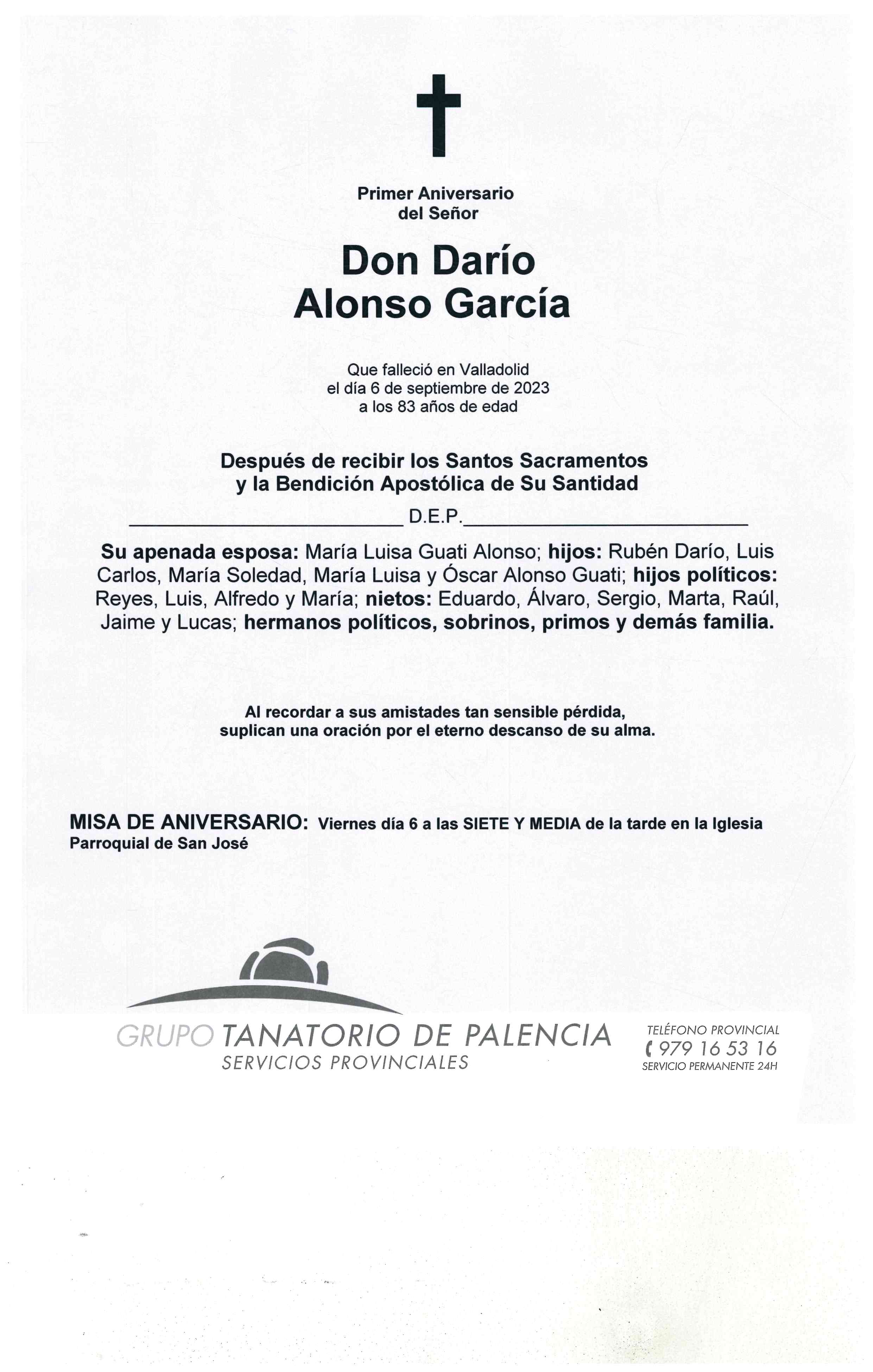 PRIMER ANIVERSARIO DEL SEÑOR DON DARÍO ALONSO GARCÍA